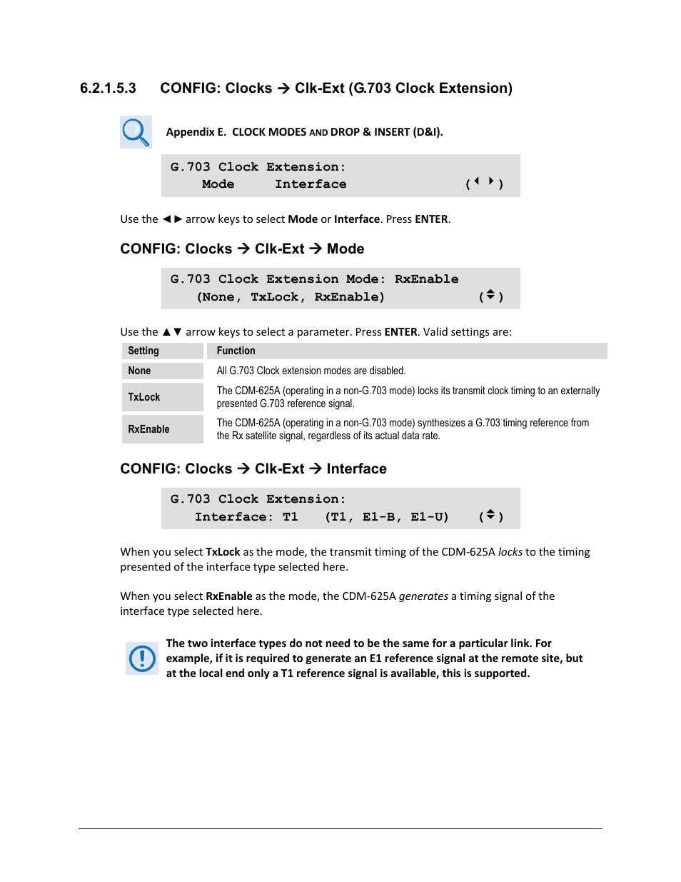 3 config: clocks ( clk-ext (g.703 clock extension), 3 config: clocks  clk-ext (g.703 clock extension), Config: clocks  clk-ext  mode | Config: clocks  clk-ext  interface | Comtech EF Data CDM-625A User Manual | Page 159 / 756