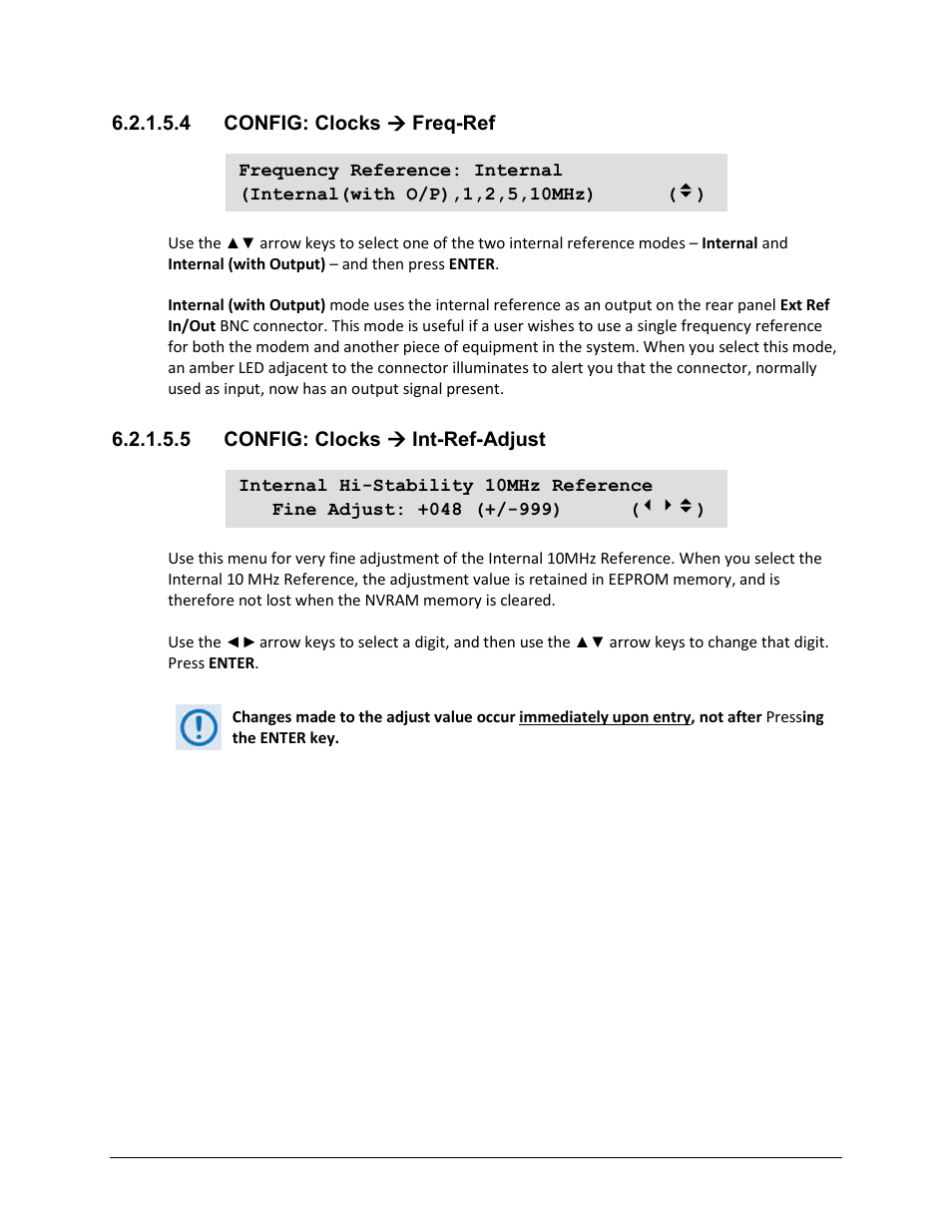 4 config: clocks ( freq-ref, 5 config: clocks ( int-ref-adjust | Comtech EF Data CDM-625A User Manual | Page 160 / 756