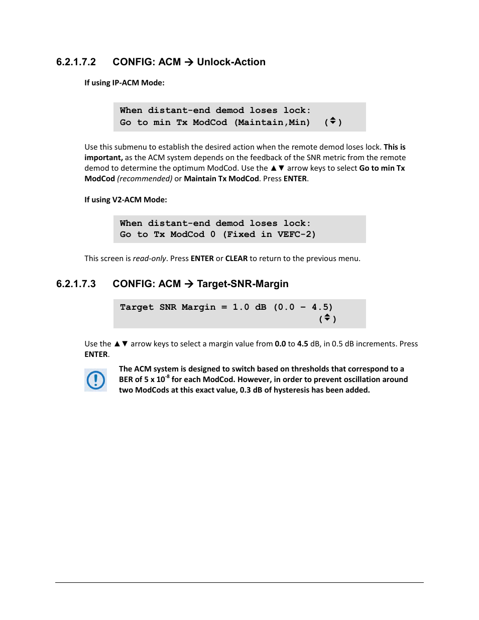 2 config: acm ( unlock-action, 3 config: acm ( target-snr-margin, 2 config: acm  unlock-action | 3 config: acm  target-snr-margin | Comtech EF Data CDM-625A User Manual | Page 166 / 756