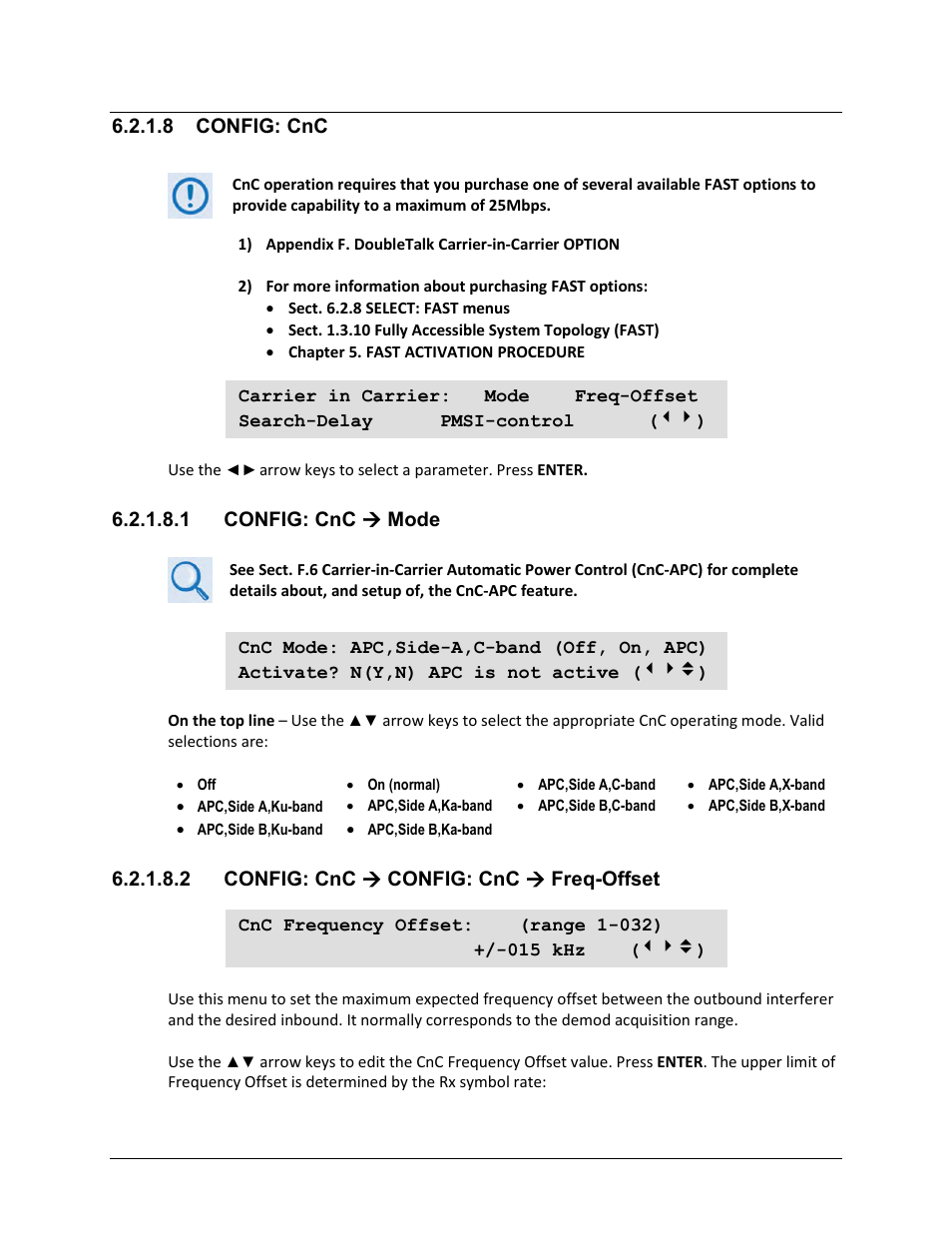 8 config: cnc, 1 config: cnc ( mode, 2 config: cnc ( config: cnc ( freq-offset | 1 config: cnc  mode, 2 config: cnc  config: cnc  freq-offset | Comtech EF Data CDM-625A User Manual | Page 167 / 756