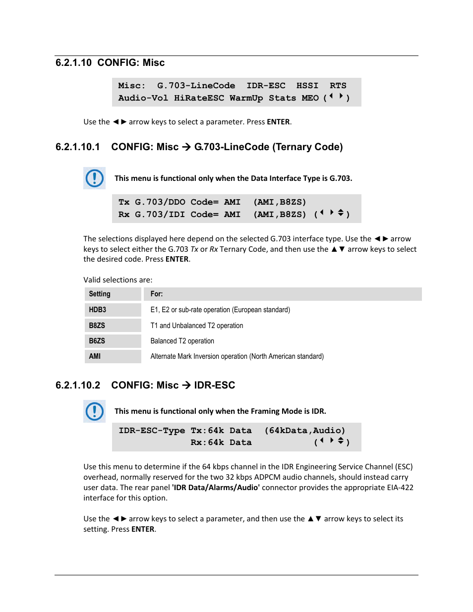 10 config: misc, 1 config: misc ( g.703-linecode (ternary code), 2 config: misc ( idr-esc | 1 config: misc  g.703-linecode (ternary code), 2 config: misc  idr-esc | Comtech EF Data CDM-625A User Manual | Page 171 / 756