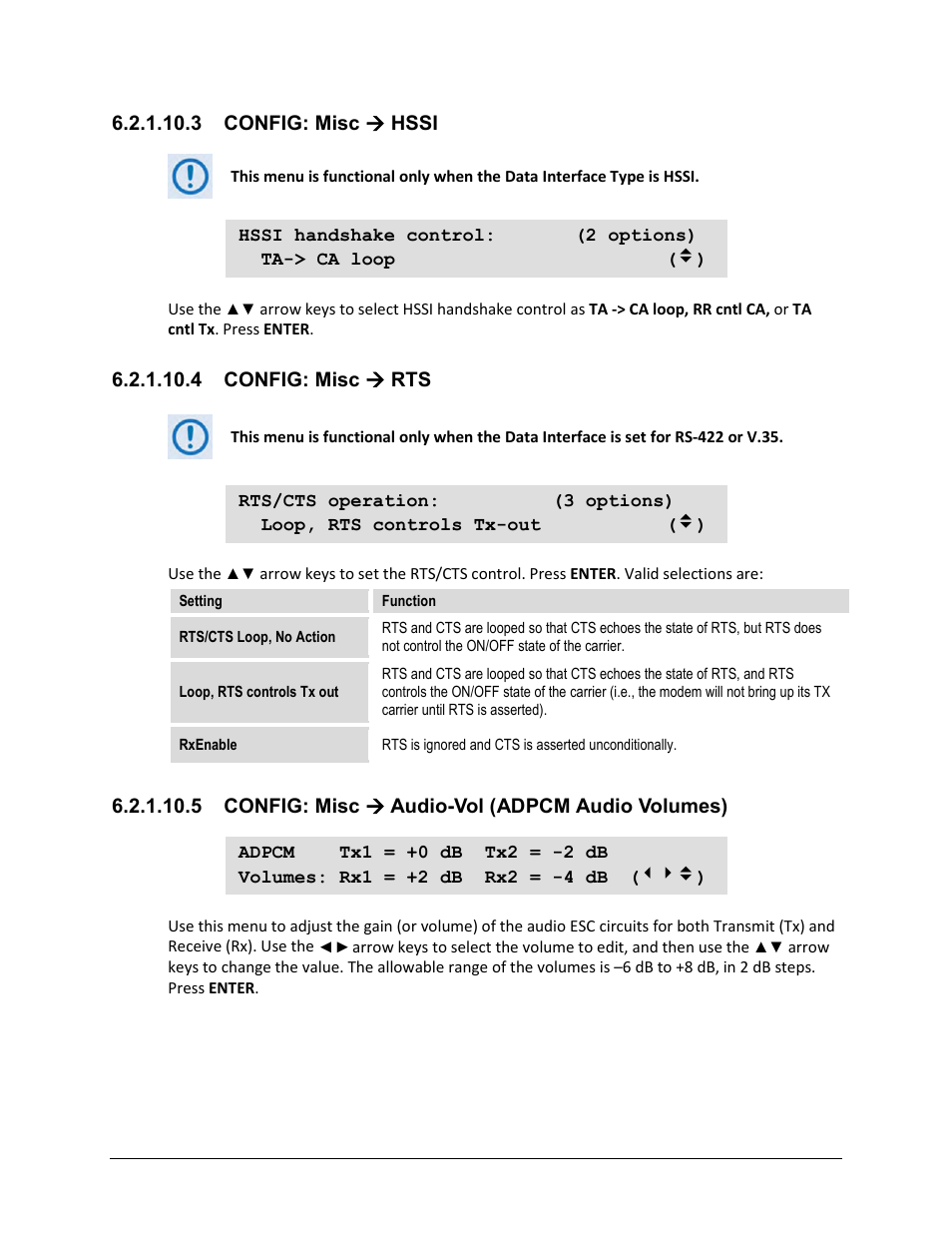 3 config: misc ( hssi, 4 config: misc ( rts, 5 config: misc ( audio-vol (adpcm audio volumes) | 3 config: misc  hssi, 4 config: misc  rts, 5 config: misc  audio-vol (adpcm audio volumes) | Comtech EF Data CDM-625A User Manual | Page 172 / 756