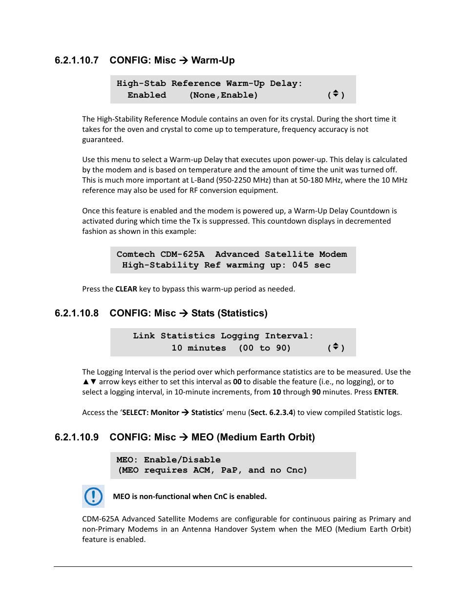 7 config: misc ( warm-up, 8 config: misc ( stats (statistics), 9 config: misc ( meo (medium earth orbit) | Comtech EF Data CDM-625A User Manual | Page 174 / 756