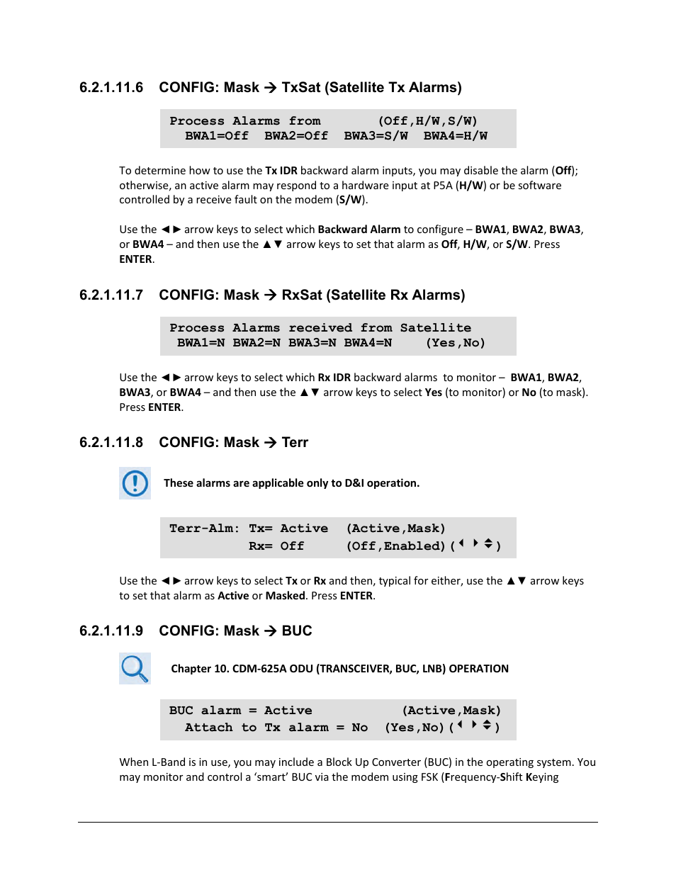 6 config: mask ( txsat (satellite tx alarms), 7 config: mask ( rxsat (satellite rx alarms), 8 config: mask ( terr | 9 config: mask ( buc | Comtech EF Data CDM-625A User Manual | Page 178 / 756