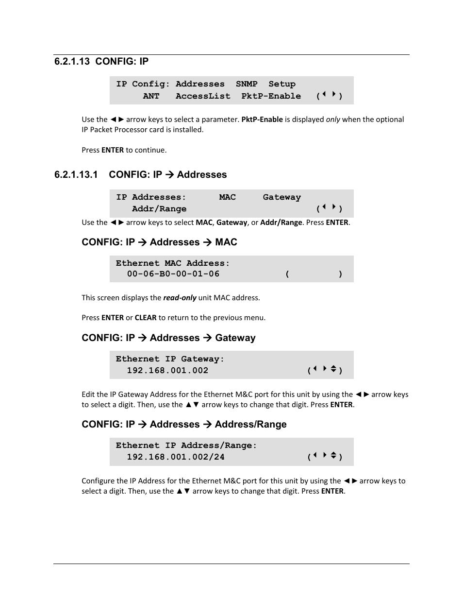 13 config: ip, 1 config: ip ( addresses | Comtech EF Data CDM-625A User Manual | Page 181 / 756