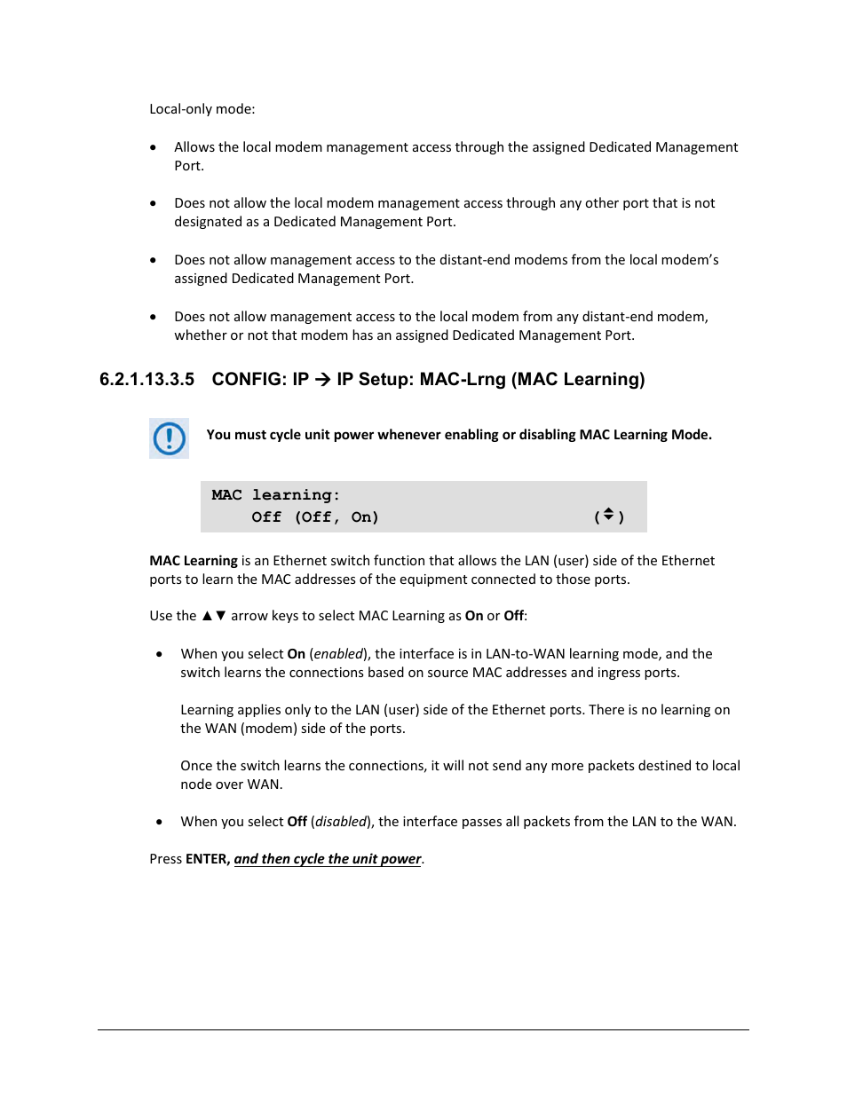 5 config: ip ( ip setup: mac-lrng (mac learning) | Comtech EF Data CDM-625A User Manual | Page 188 / 756