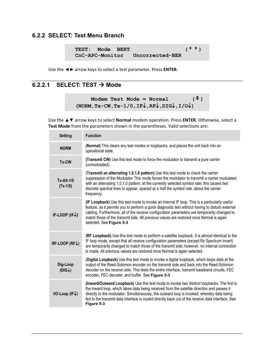 2 select: test menu branch, 1 select: test ( mode, 1 select: test  mode | Comtech EF Data CDM-625A User Manual | Page 200 / 756