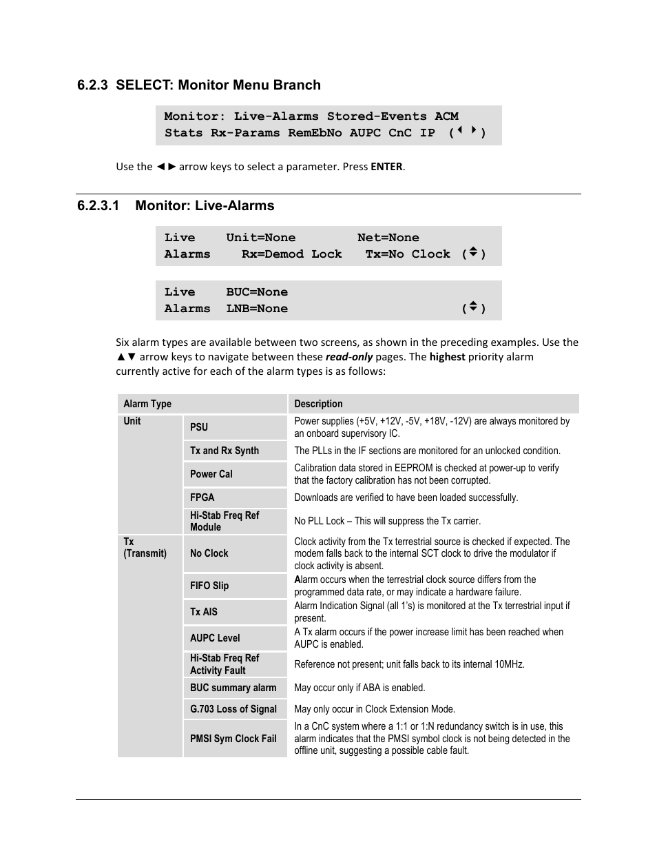 3 select: monitor menu branch, 1 monitor: live-alarms | Comtech EF Data CDM-625A User Manual | Page 204 / 756