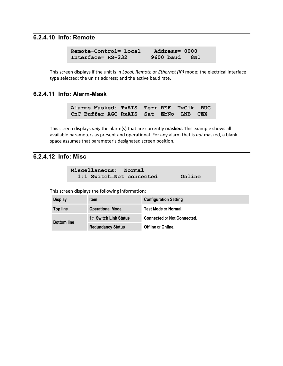 10 info: remote, 11 info: alarm-mask, 12 info: misc | Comtech EF Data CDM-625A User Manual | Page 215 / 756