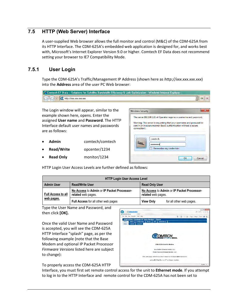 5 http (web server) interface, 1 user login | Comtech EF Data CDM-625A User Manual | Page 238 / 756