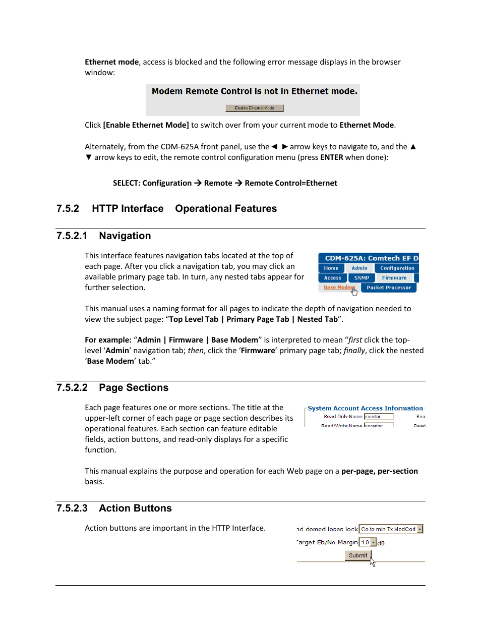 2 http interface – operational features, 1 navigation, 3 action buttons | Comtech EF Data CDM-625A User Manual | Page 239 / 756