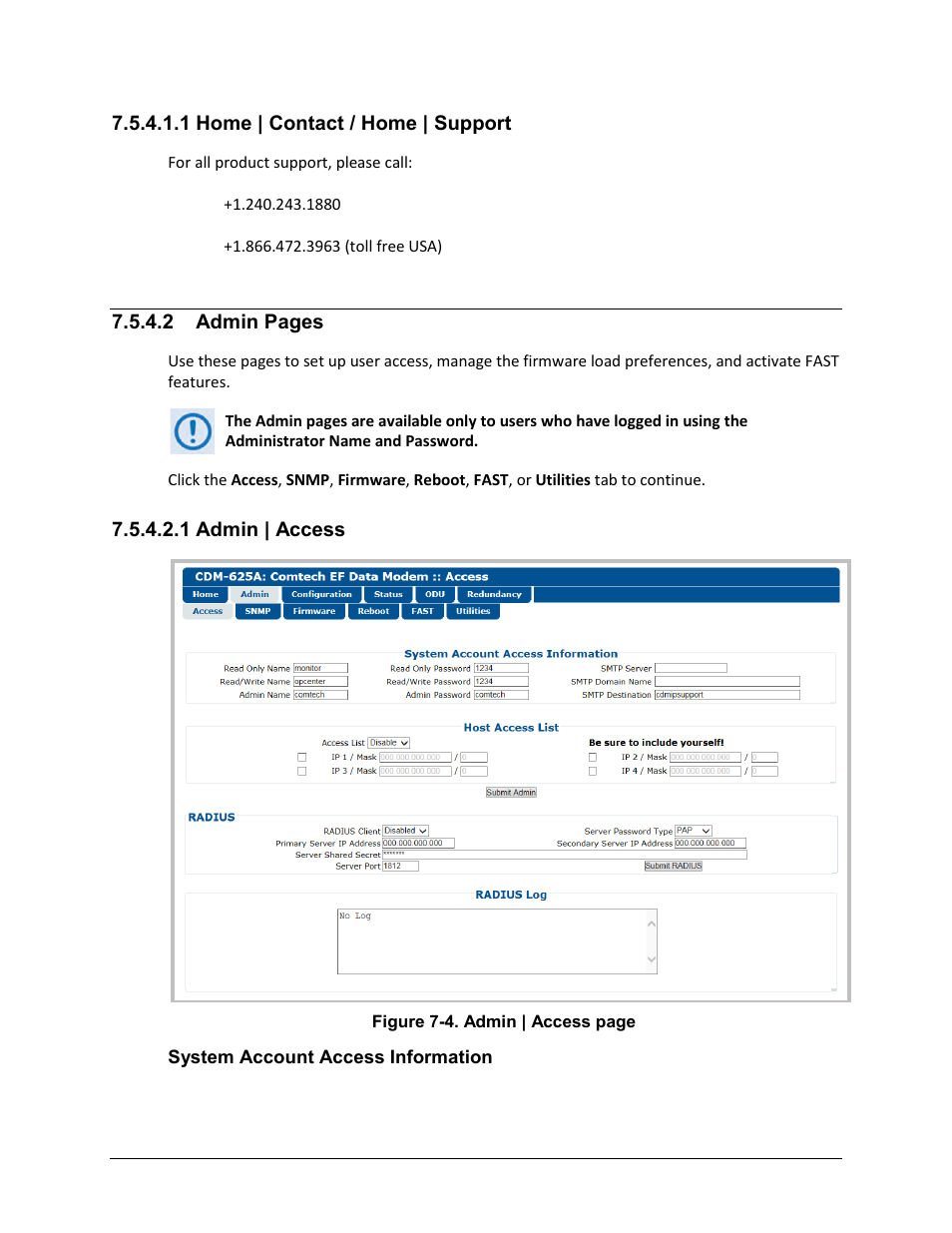 1 home | contact / home | support, 1 admin | access | Comtech EF Data CDM-625A User Manual | Page 244 / 756