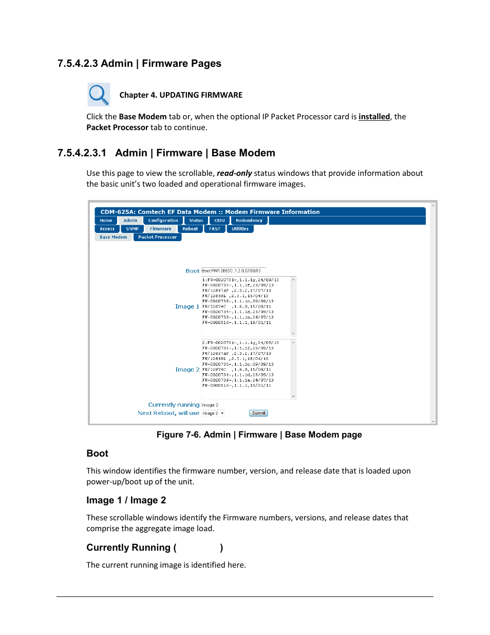 1 admin | firmware | base modem | Comtech EF Data CDM-625A User Manual | Page 248 / 756