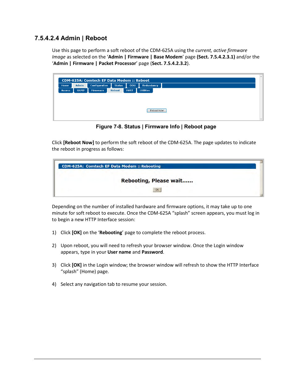 4 admin | reboot | Comtech EF Data CDM-625A User Manual | Page 250 / 756