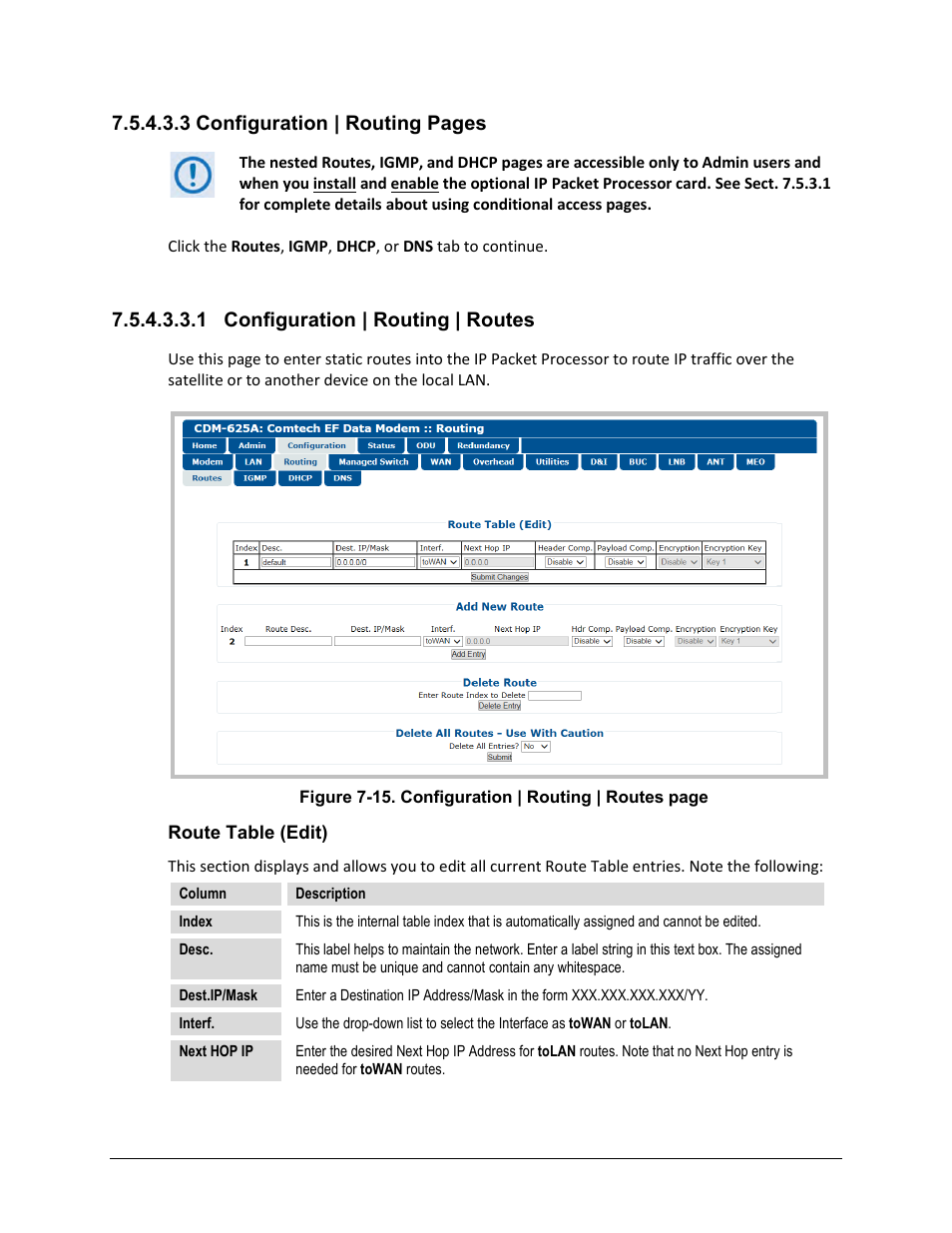 1 configuration | routing | routes, 3 configuration | routing pages | Comtech EF Data CDM-625A User Manual | Page 261 / 756