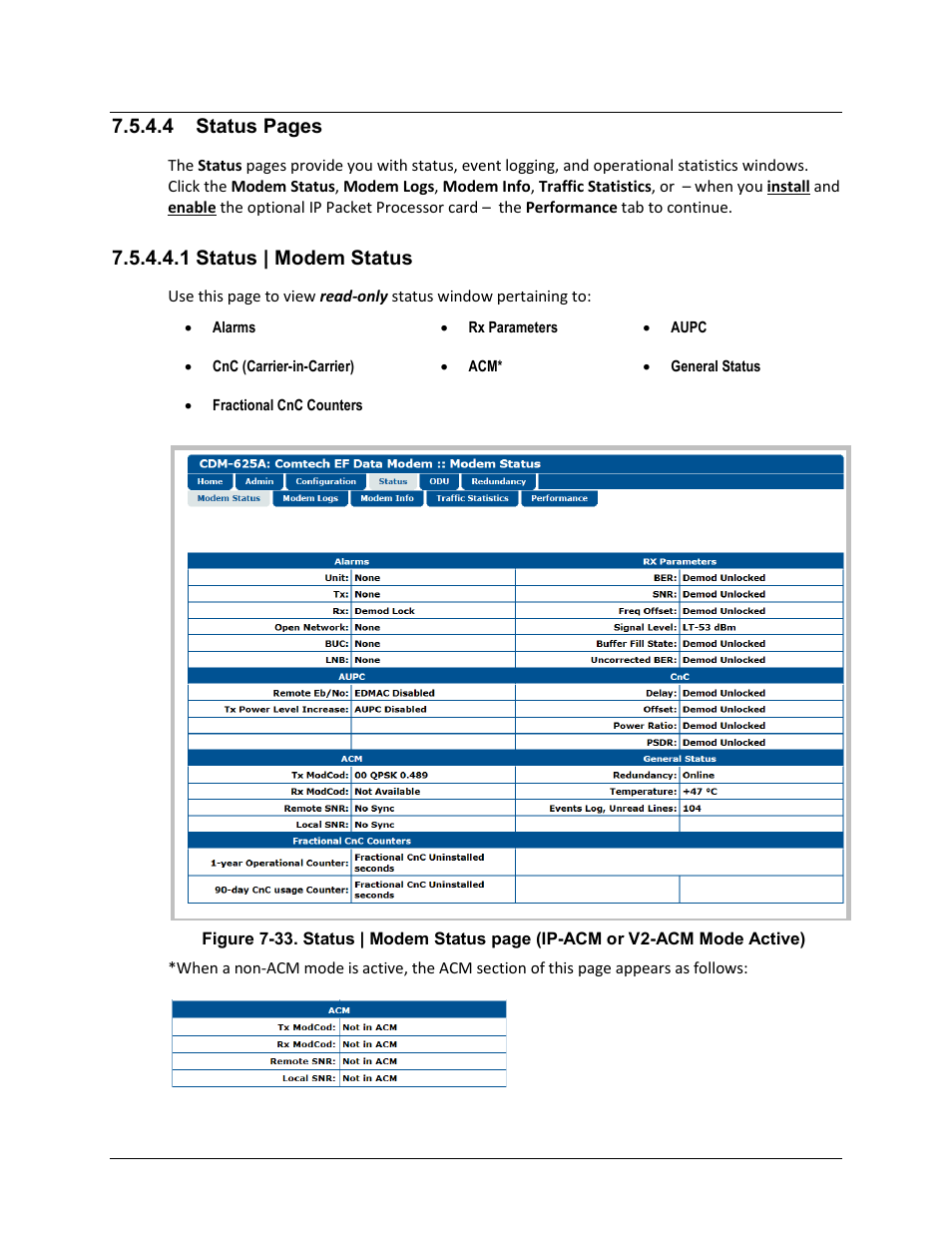 1 status | modem status, 4 status pages | Comtech EF Data CDM-625A User Manual | Page 292 / 756