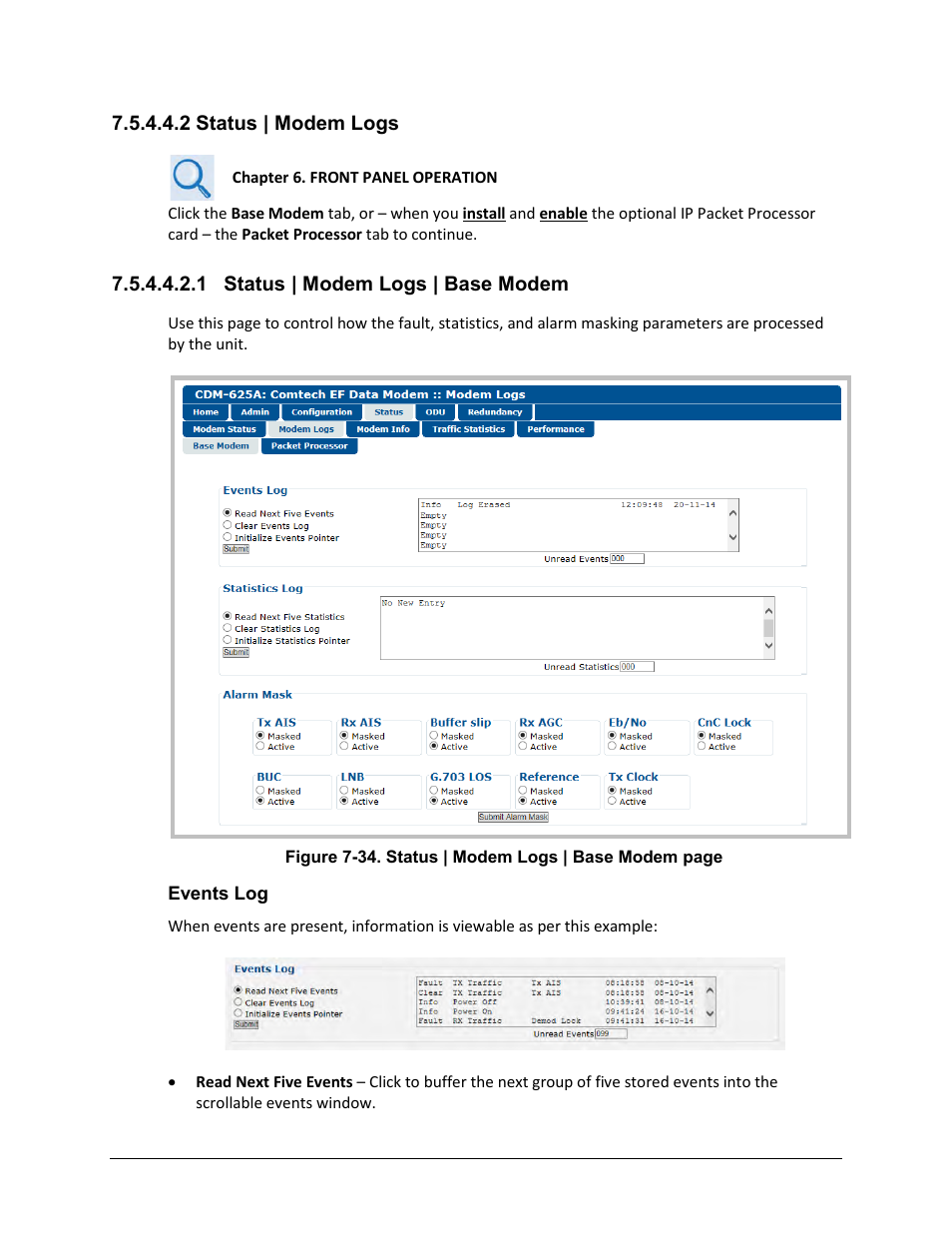 2 status | modem logs, 1 status | modem logs | base modem | Comtech EF Data CDM-625A User Manual | Page 293 / 756