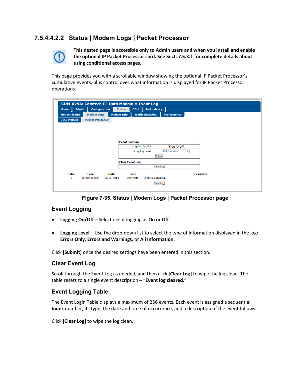 2 status | modem logs | packet processor | Comtech EF Data CDM-625A User Manual | Page 295 / 756