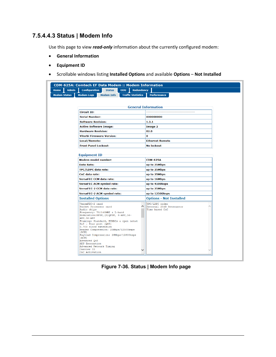 3 status | modem info | Comtech EF Data CDM-625A User Manual | Page 296 / 756