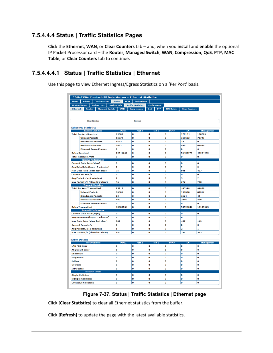 1 status | traffic statistics | ethernet, 4 status | traffic statistics pages | Comtech EF Data CDM-625A User Manual | Page 297 / 756