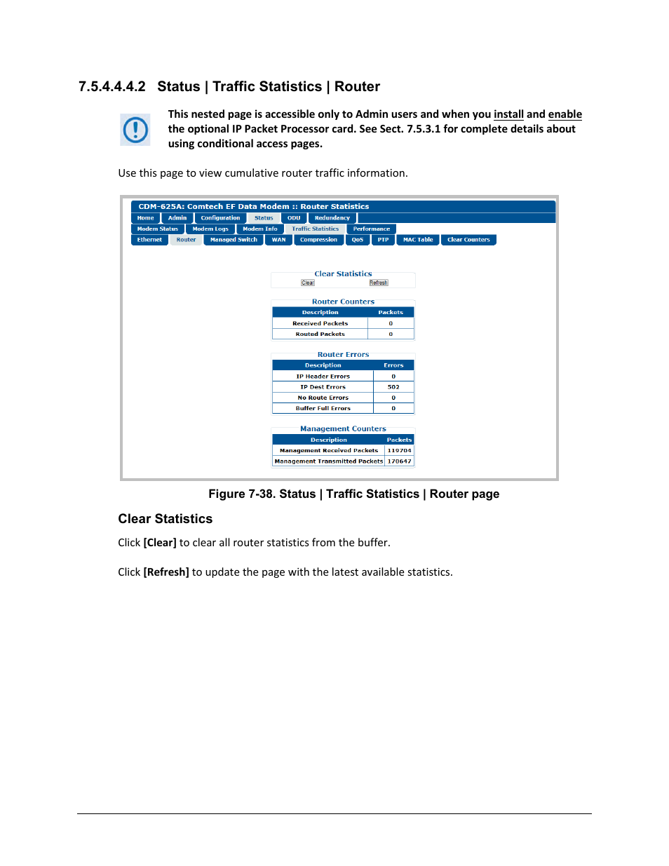 2 status | traffic statistics | router | Comtech EF Data CDM-625A User Manual | Page 298 / 756