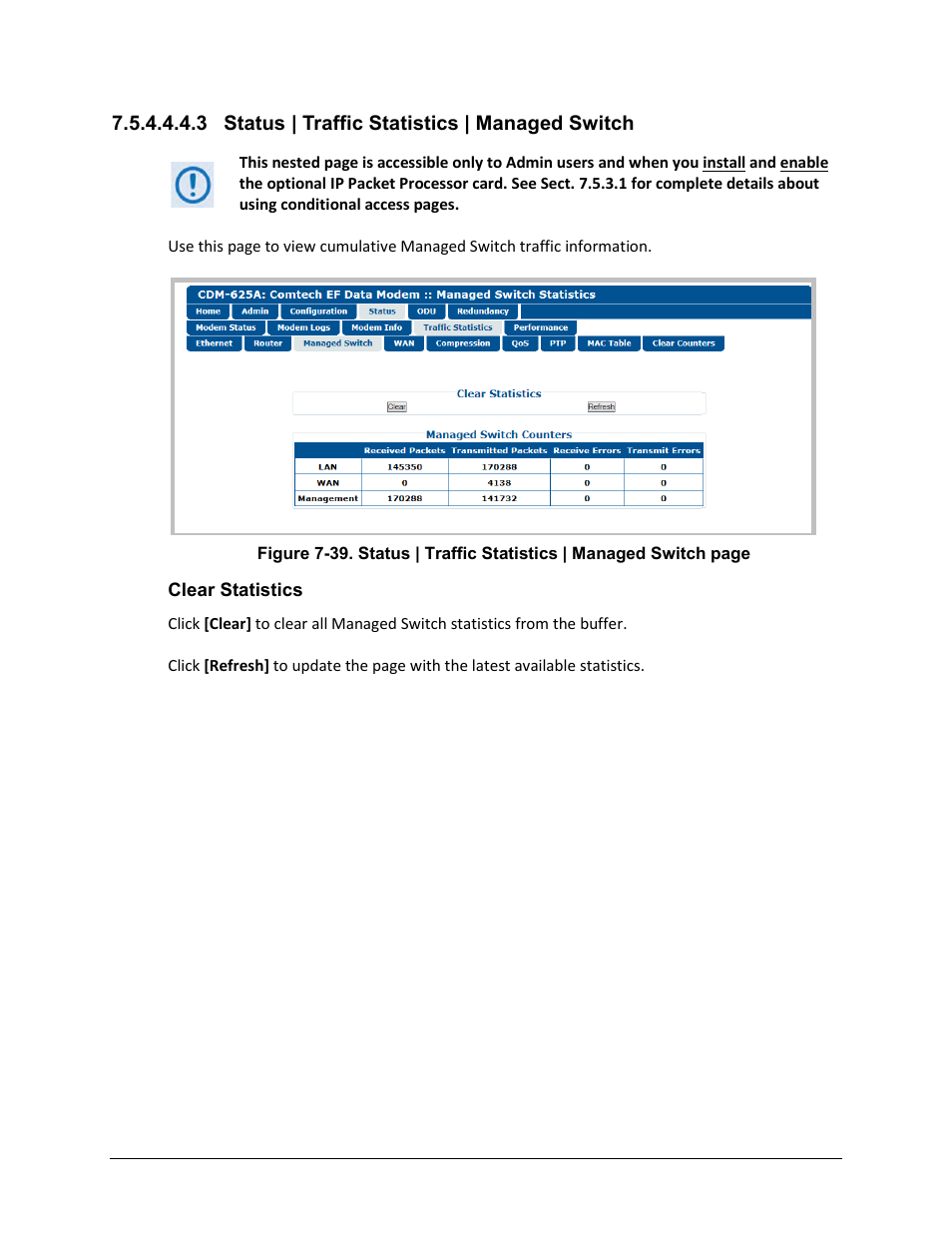 3 status | traffic statistics | managed switch | Comtech EF Data CDM-625A User Manual | Page 299 / 756