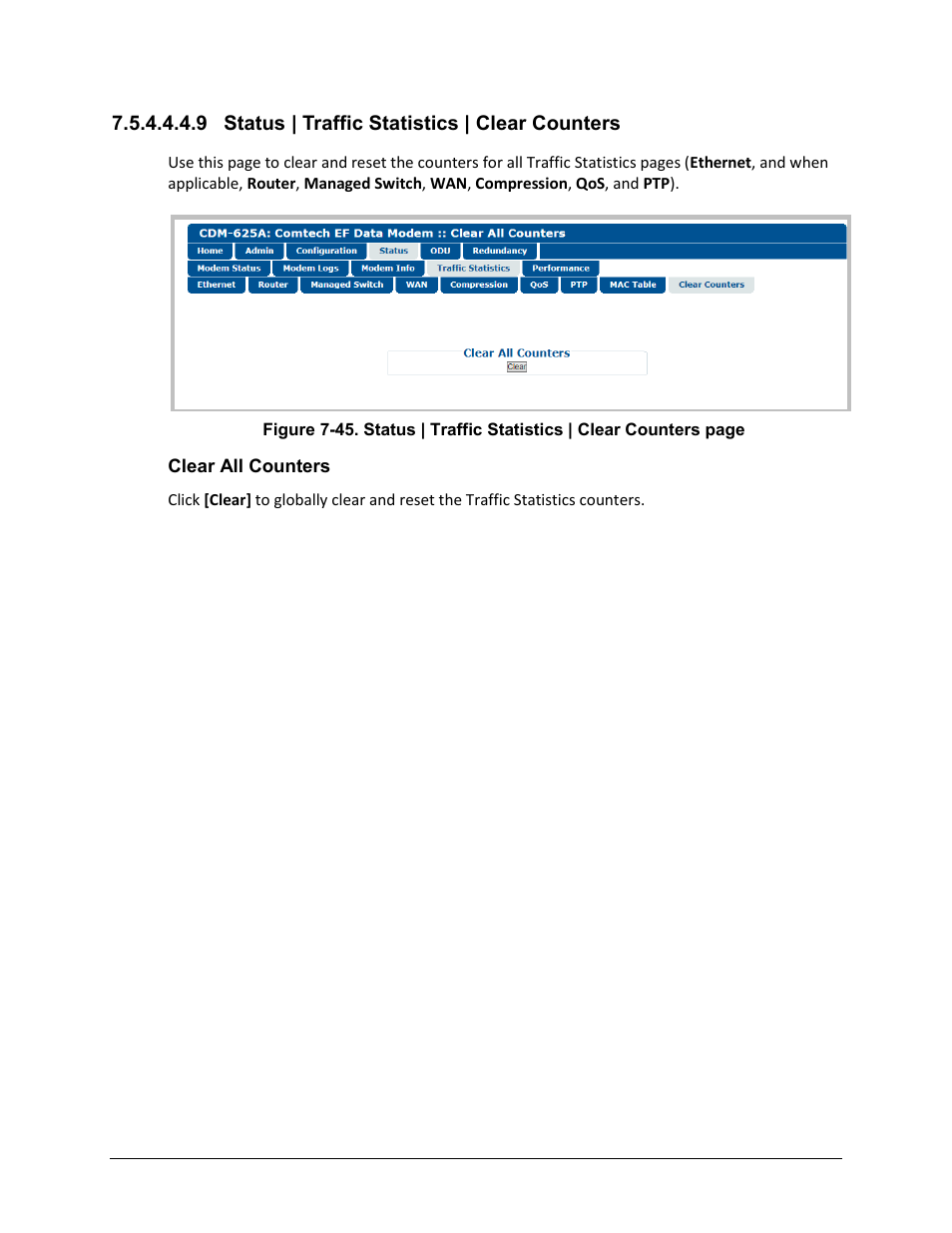 9 status | traffic statistics | clear counters | Comtech EF Data CDM-625A User Manual | Page 306 / 756