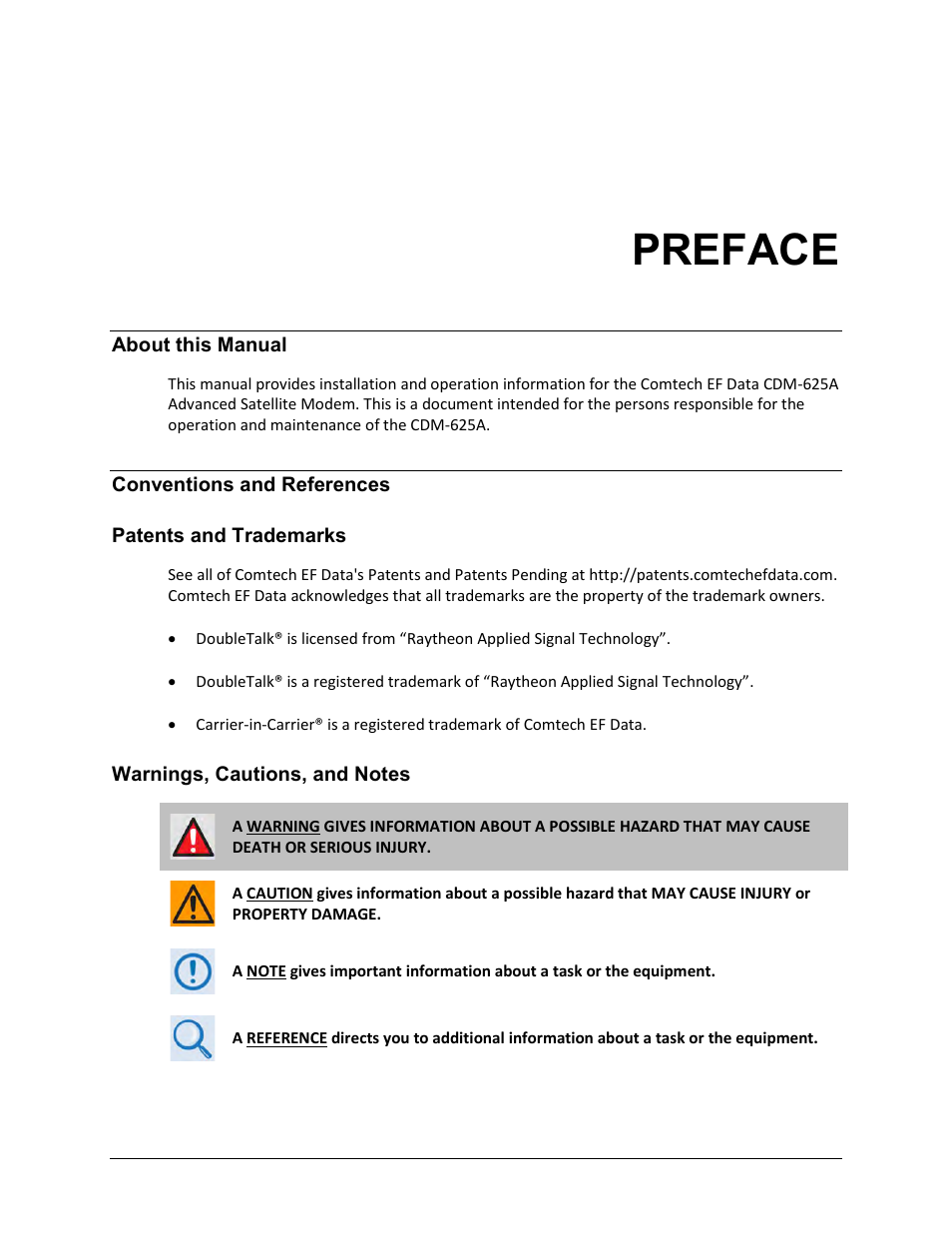 Preface, About this manual, Conventions and references | Patents and trademarks, Warnings, cautions, and notes | Comtech EF Data CDM-625A User Manual | Page 37 / 756