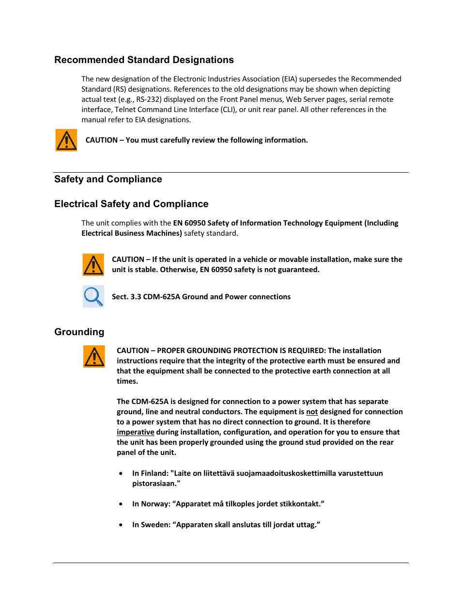 Recommended standard designations, Safety and compliance, Electrical safety and compliance | Grounding | Comtech EF Data CDM-625A User Manual | Page 38 / 756