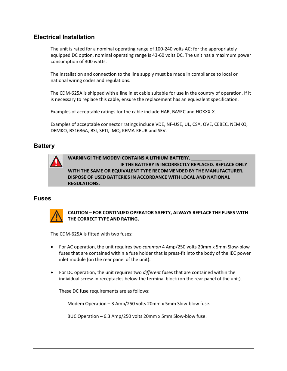 Electrical installation, Battery, Fuses | Comtech EF Data CDM-625A User Manual | Page 39 / 756