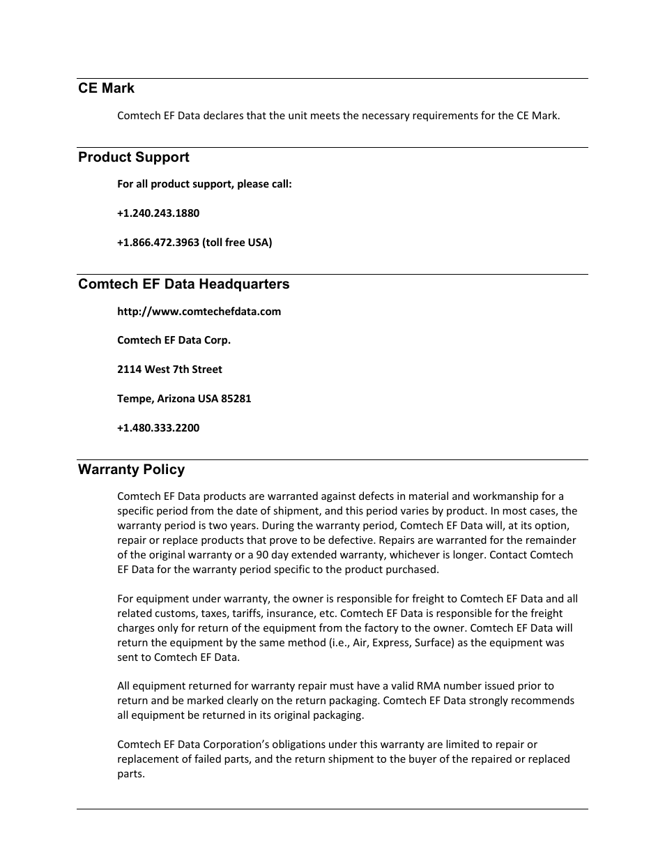 Ce mark, Product support, Comtech ef data headquarters | Warranty policy | Comtech EF Data CDM-625A User Manual | Page 42 / 756