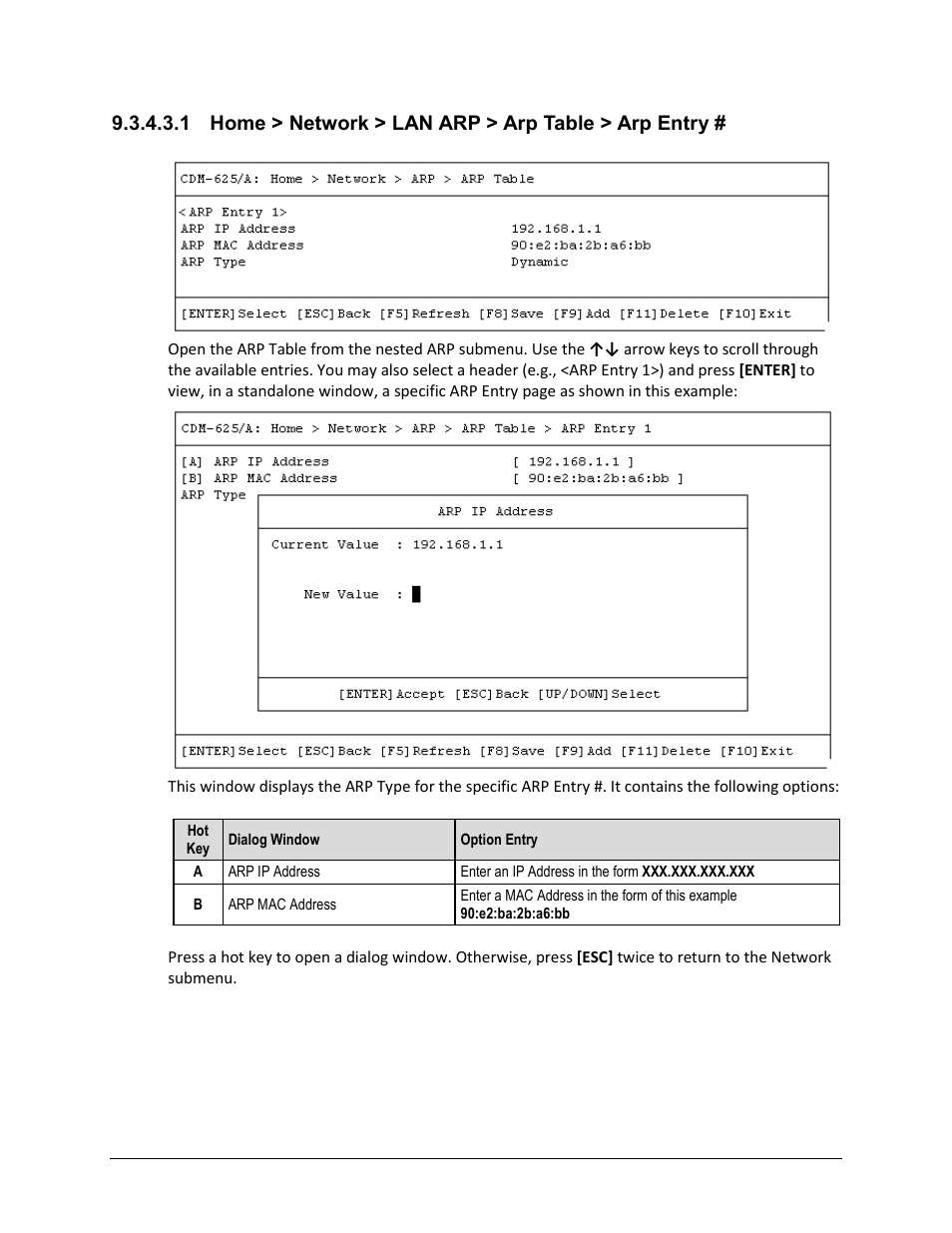 1 home > network > lan arp > arp table > arp entry | Comtech EF Data CDM-625A User Manual | Page 423 / 756