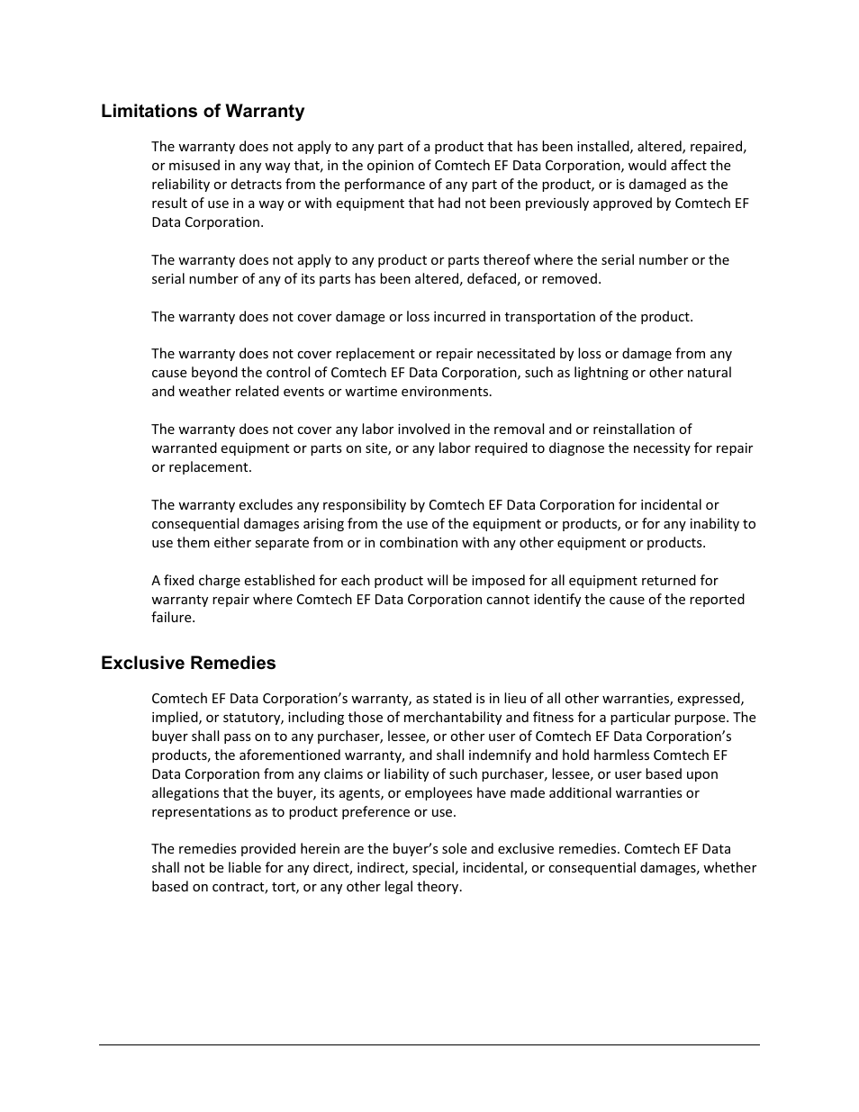 Limitations of warranty, Exclusive remedies | Comtech EF Data CDM-625A User Manual | Page 43 / 756