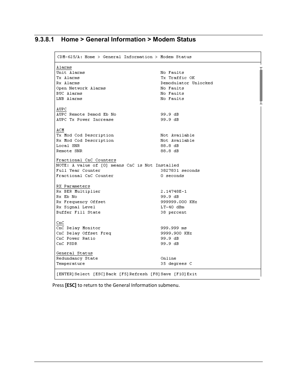 1 home > general information > modem status | Comtech EF Data CDM-625A User Manual | Page 444 / 756