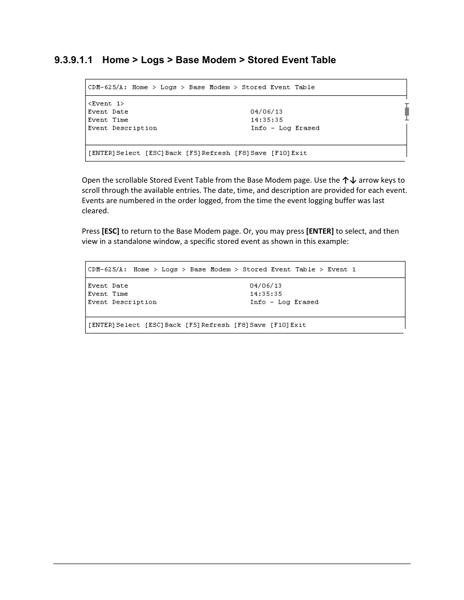 1 home > logs > base modem > stored event table | Comtech EF Data CDM-625A User Manual | Page 450 / 756