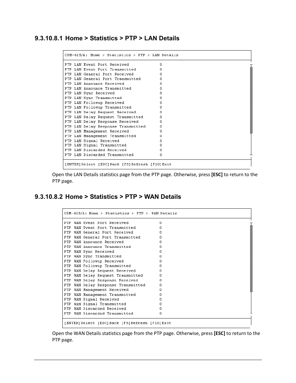 1 home > statistics > ptp > lan details, 2 home > statistics > ptp > wan details | Comtech EF Data CDM-625A User Manual | Page 467 / 756