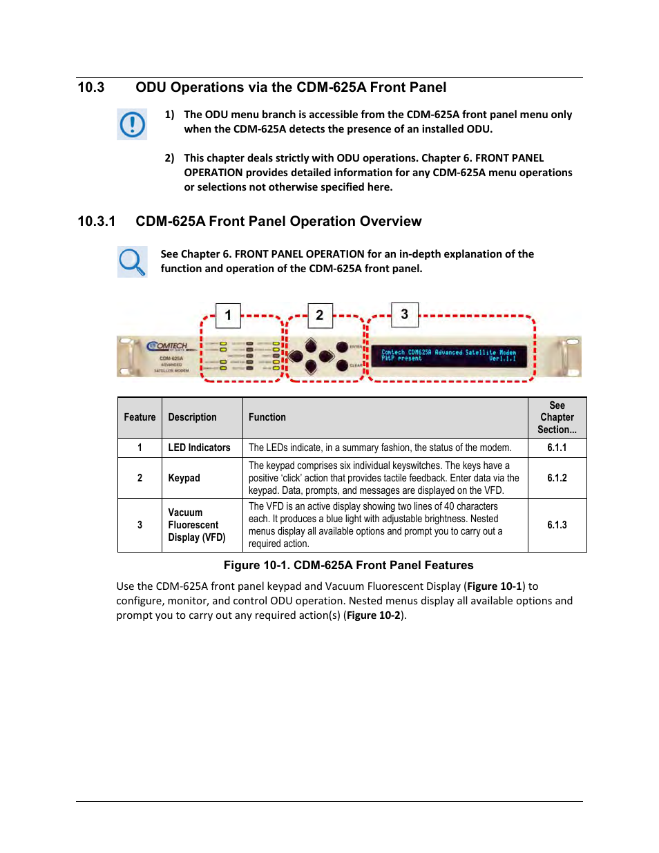 3 odu operations via the cdm-625a front panel, 1 cdm-625a front panel operation overview | Comtech EF Data CDM-625A User Manual | Page 471 / 756