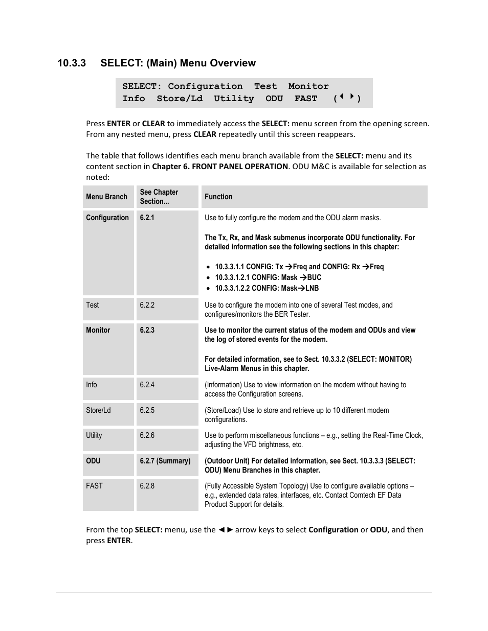 3 select: (main) menu overview | Comtech EF Data CDM-625A User Manual | Page 473 / 756