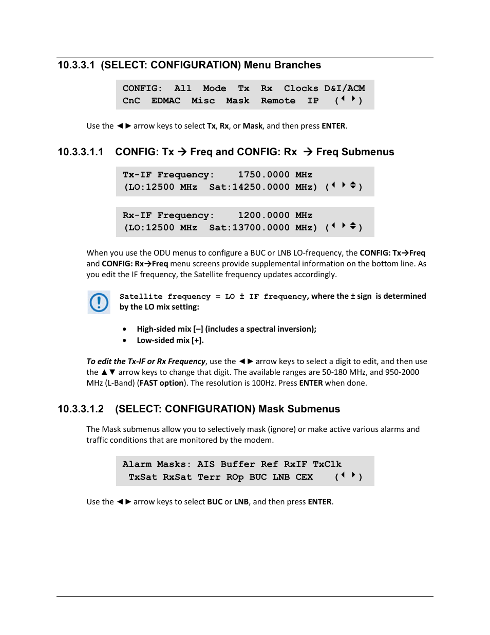 1 (select: configuration) menu branches, 1 config: tx ( freq and config: rx ( freq submenus, 2 (select: configuration) mask submenus | Comtech EF Data CDM-625A User Manual | Page 474 / 756