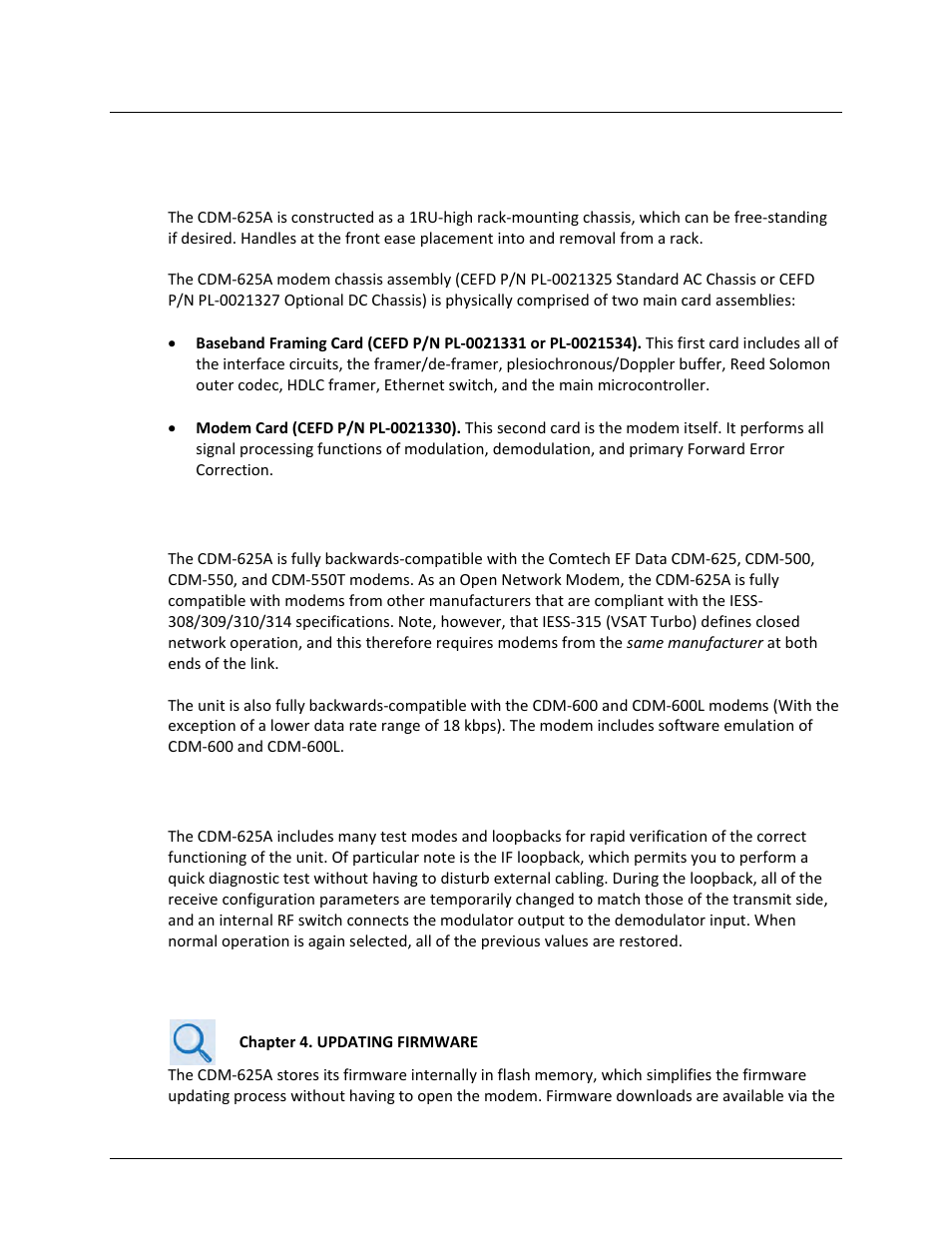 3 features, 1 physical description, 2 modem compatibility | 3 verification, 4 updating modem firmware | Comtech EF Data CDM-625A User Manual | Page 48 / 756