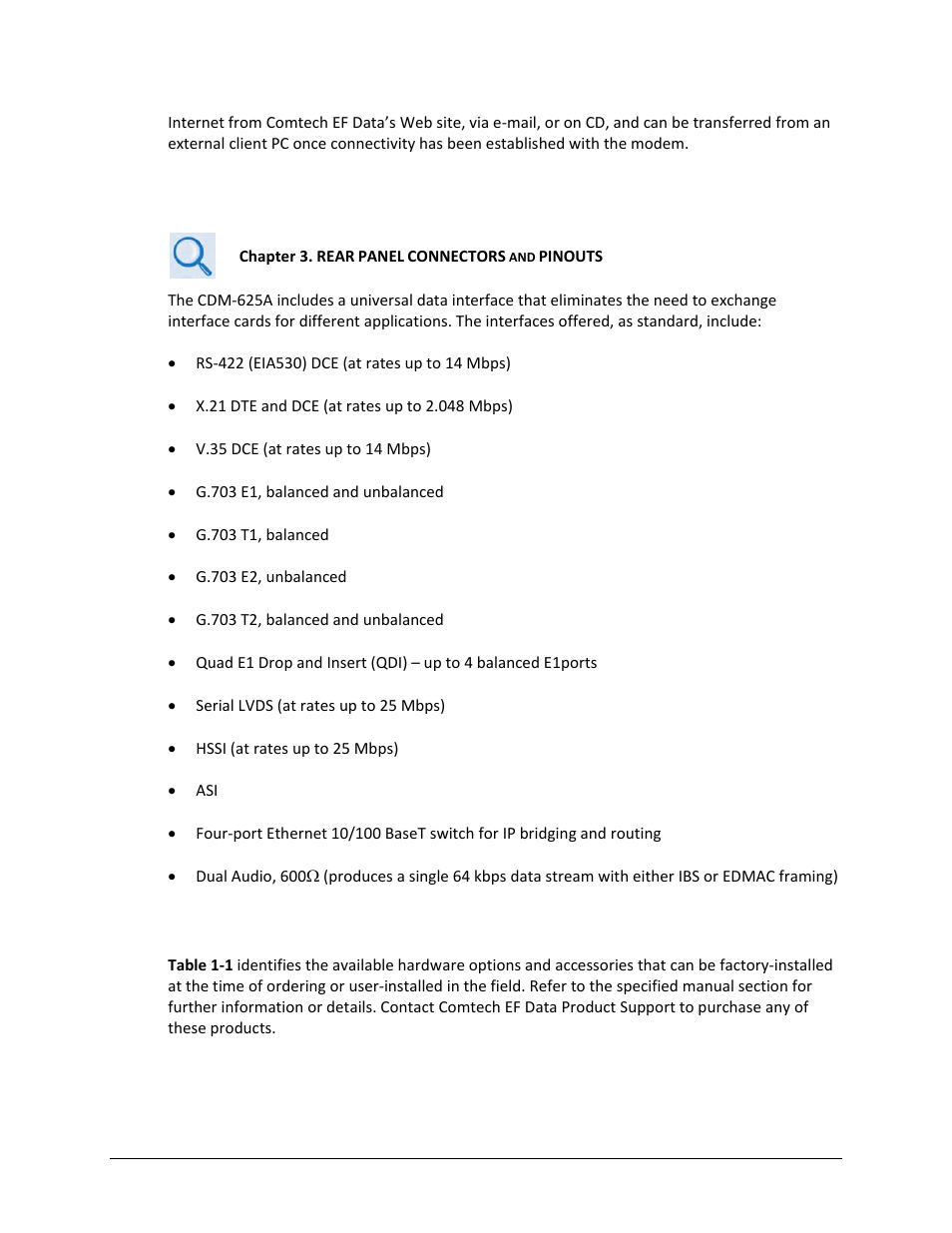 5 standard data interfaces, 6 optional hardware and accessories | Comtech EF Data CDM-625A User Manual | Page 49 / 756