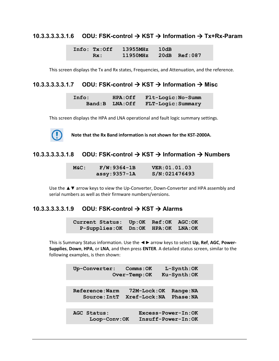 7 odu: fsk-control ( kst ( information ( misc, 8 odu: fsk-control ( kst ( information ( numbers, 9 odu: fsk-control ( kst ( alarms | Comtech EF Data CDM-625A User Manual | Page 492 / 756