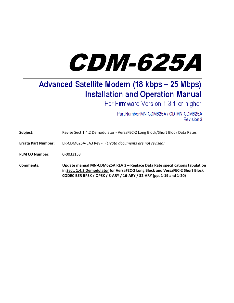 Errata a for mn-cdm625a rev 3, Comtech ef data documentation update | Comtech EF Data CDM-625A User Manual | Page 5 / 756