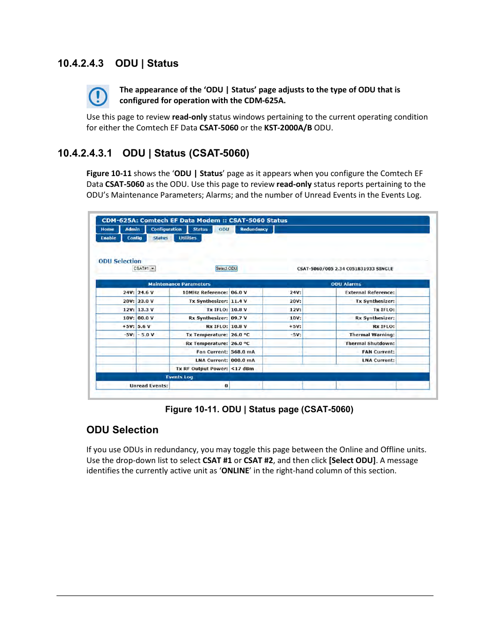 3 odu | status, 1 odu | status (csat-5060) | Comtech EF Data CDM-625A User Manual | Page 516 / 756