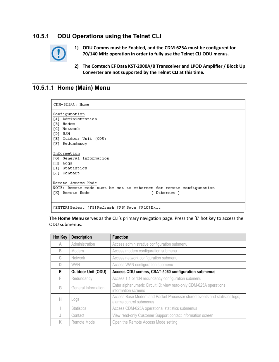 1 odu operations using the telnet cli, 1 home (main) menu | Comtech EF Data CDM-625A User Manual | Page 522 / 756