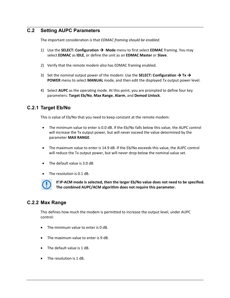 C.2 setting aupc parameters, C.2.1 target eb/no, C.2.2 max range | Comtech EF Data CDM-625A User Manual | Page 584 / 756