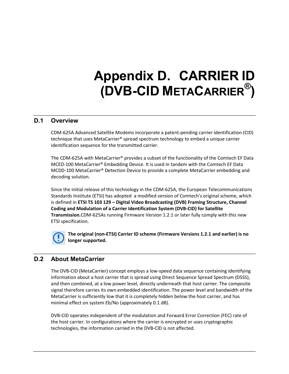 Appendix d. carrier id (dvb-cid metacarrier®), D.1 overview, D.2 about metacarrier | Appendix d. carrier, Dvb-cid, Arrier | Comtech EF Data CDM-625A User Manual | Page 587 / 756