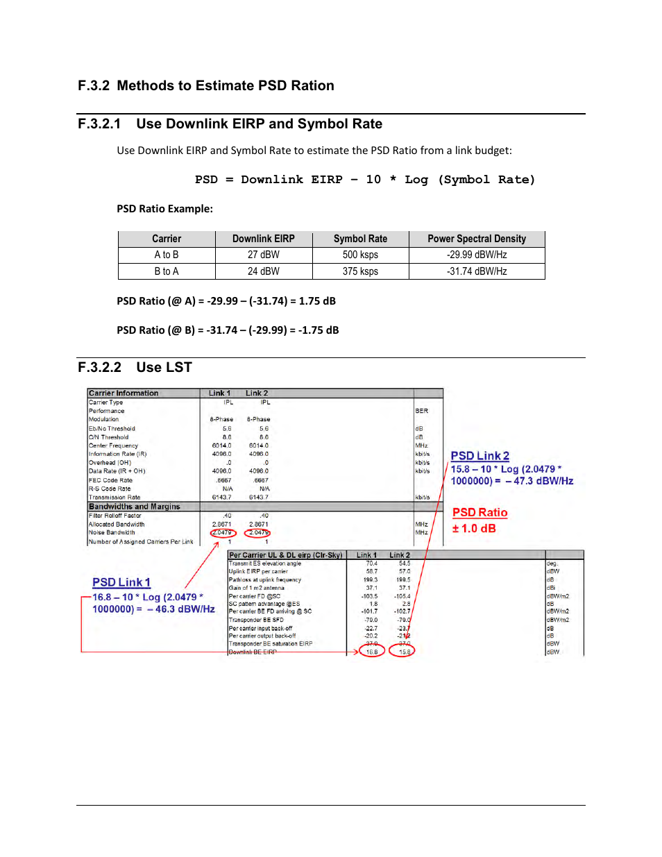 F.3.2 methods to estimate psd ration, F.3.2.1 use downlink eirp and symbol rate, F.3.2.2 use lst | Comtech EF Data CDM-625A User Manual | Page 624 / 756