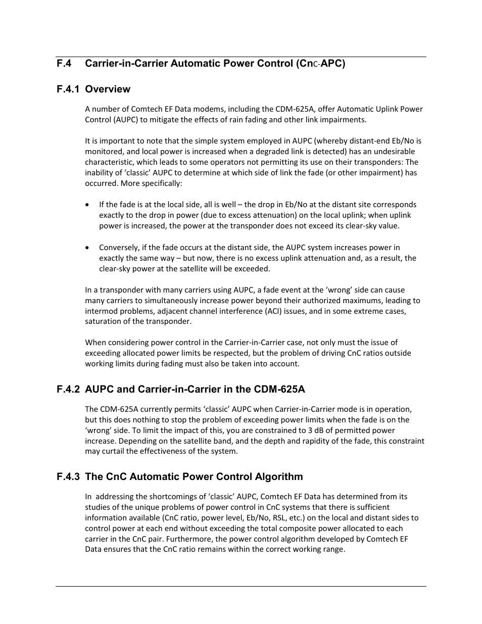 F.4.1 overview, F.4.2 aupc and carrier-in-carrier in the cdm-625a, F.4.3 the cnc automatic power control algorithm | Comtech EF Data CDM-625A User Manual | Page 626 / 756