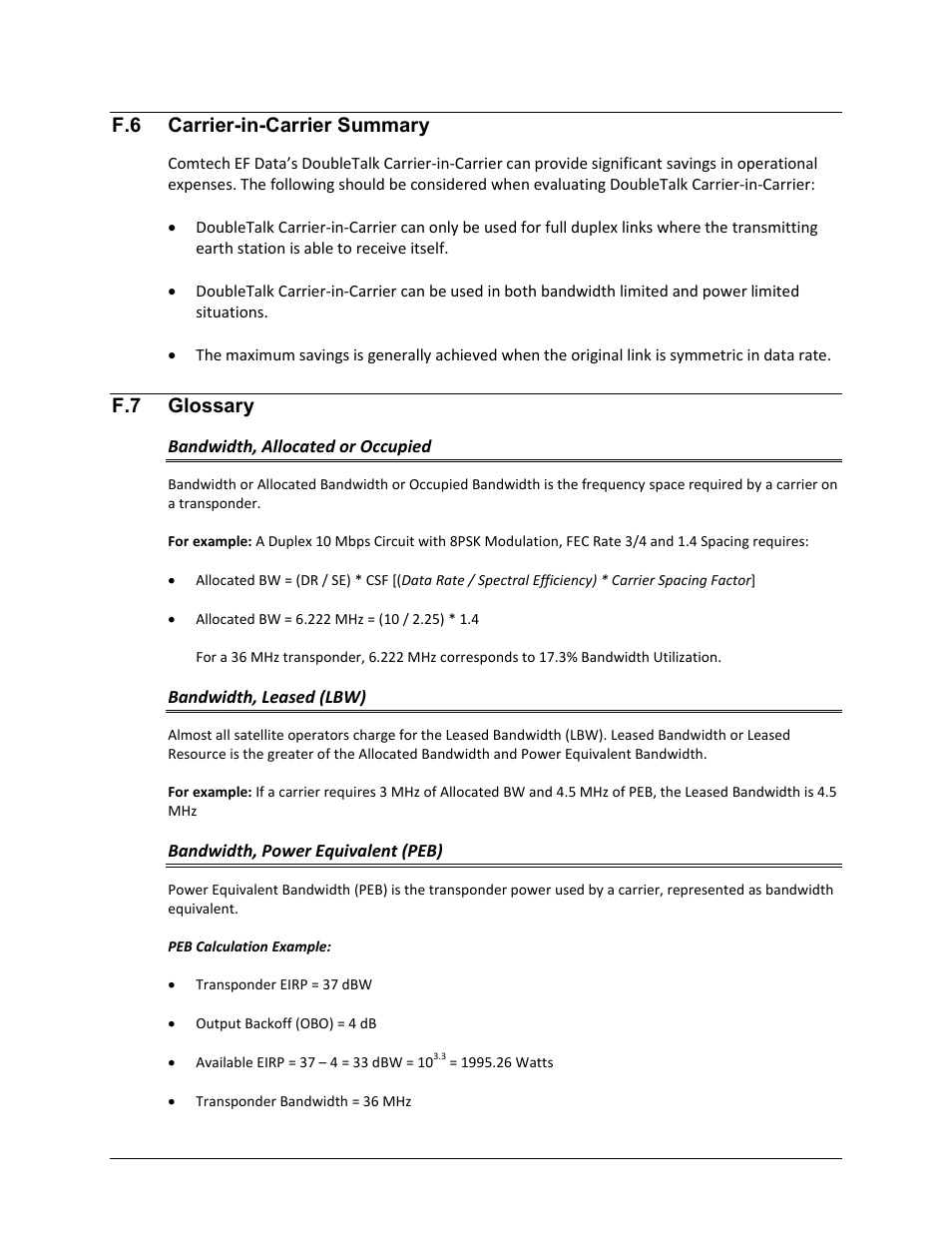 F.6 carrier-in-carrier summary, F.7 glossary, Bandwidth, allocated or occupied | Bandwidth, leased (lbw), Bandwidth, power equivalent (peb) | Comtech EF Data CDM-625A User Manual | Page 635 / 756